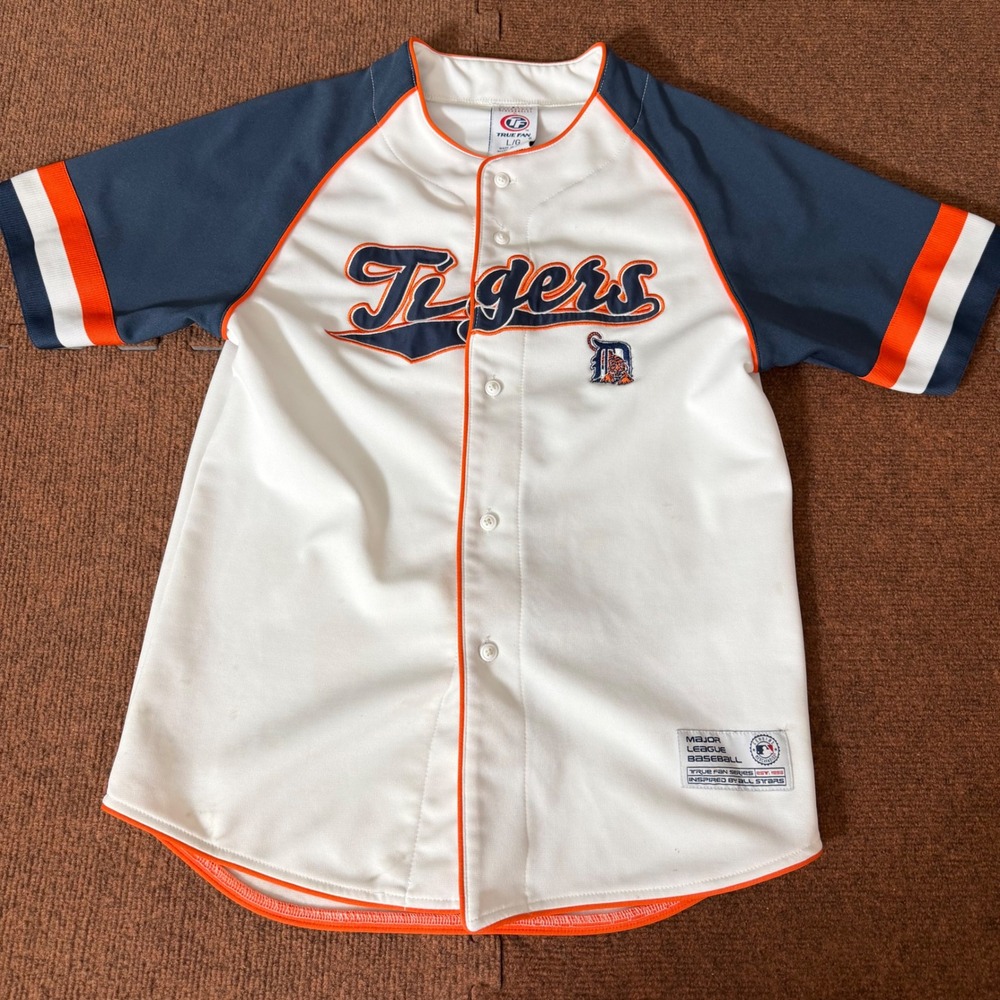True‎ Fan Detroit Tigers MLB Baseball Jersey Mens Large White Navy Orange Button